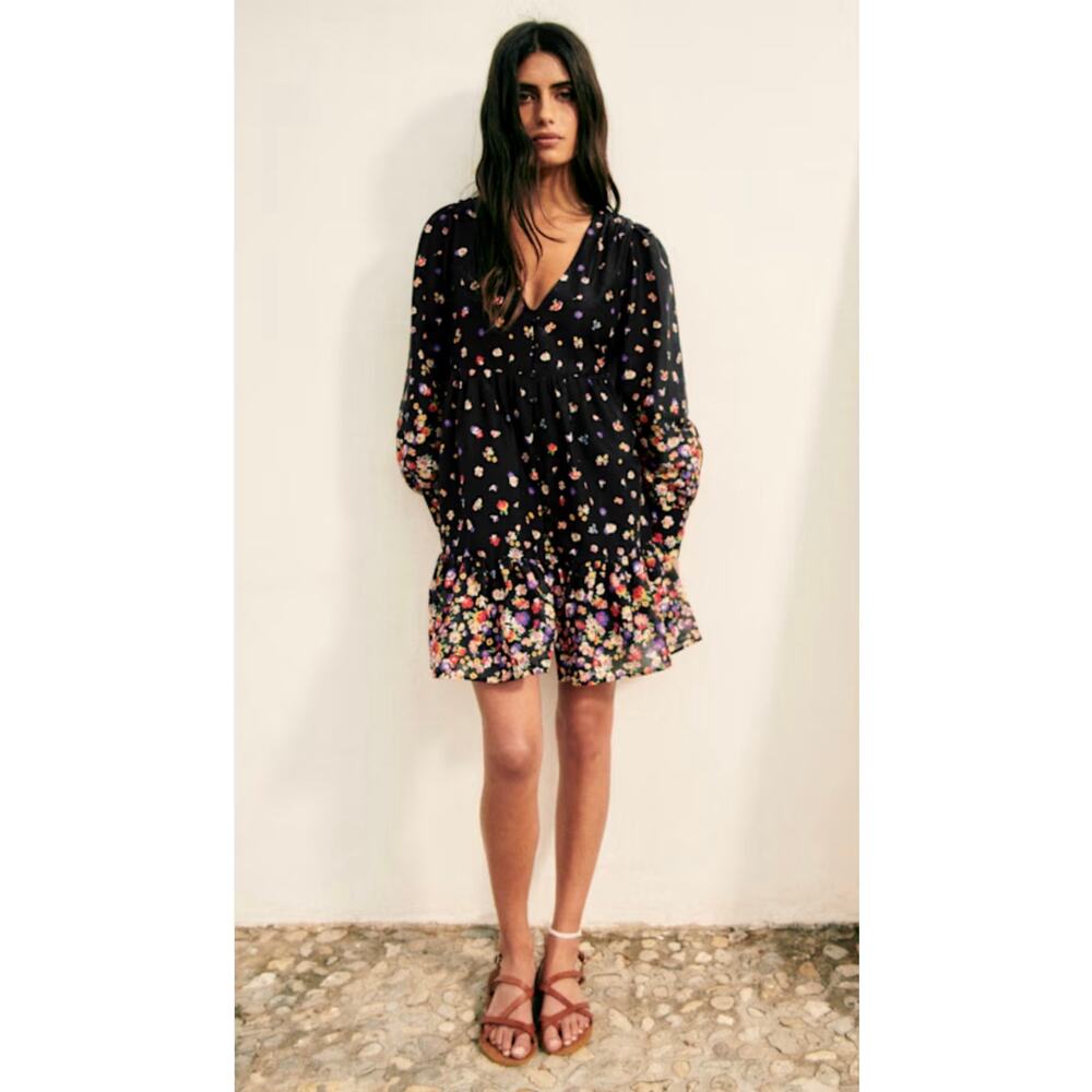 Sezane Aurelie Mini Dress Long Sleeve Floral Women's US 10/ EU 42 Fairy Romantic